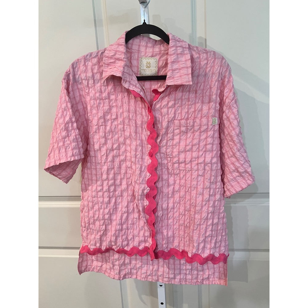 NWT Simply Southern Pink Plaid Seersucker Ric-Rac Trim Pajama Shirt Small